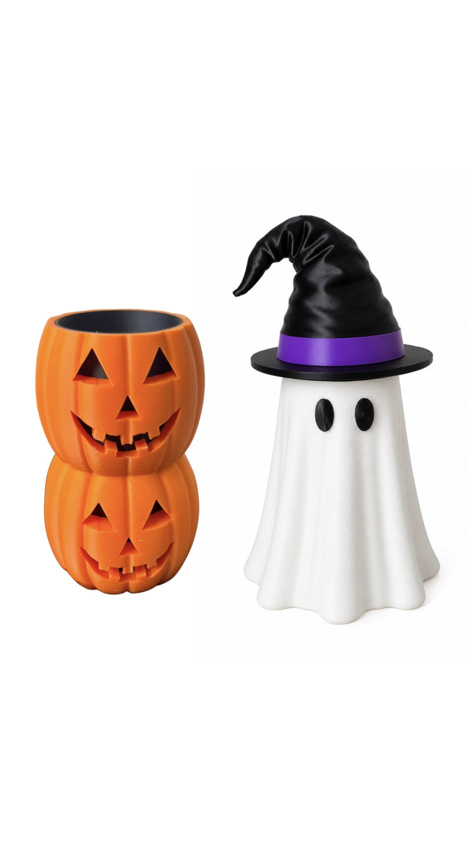 3D printed pumpkin drink cozy and ghost drink cozy with witch hat can topper